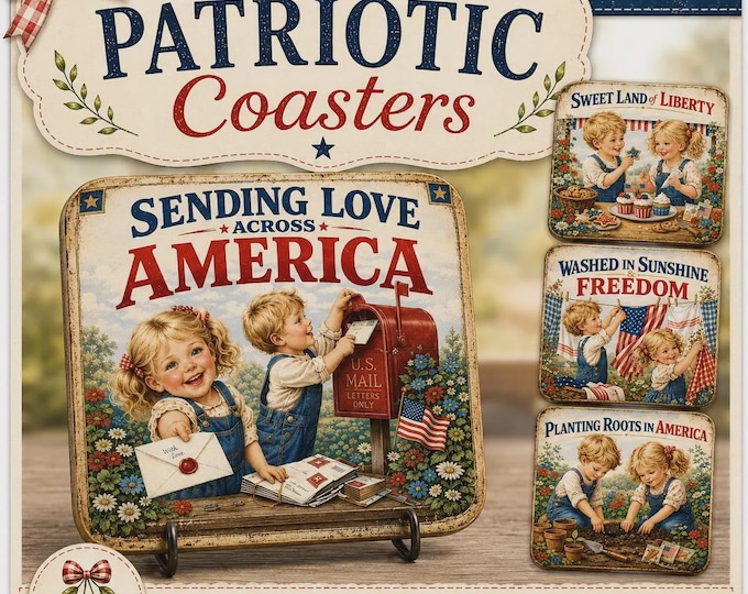 4th of July Retro Patriotic Kids American Coasters, Set of 4, Digital Download