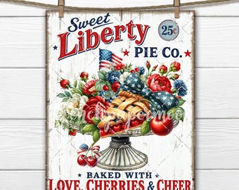 以下が含まれることがあります： 「Sweet Liberty Pie Co.」の文字と、チェリーパイのスライスが入ったフラワーアレンジメントが描かれた木製の看板。アメリカ国旗や星など、赤、白、青の要素で装飾されています。木製の物干しロープから吊り下げられています。