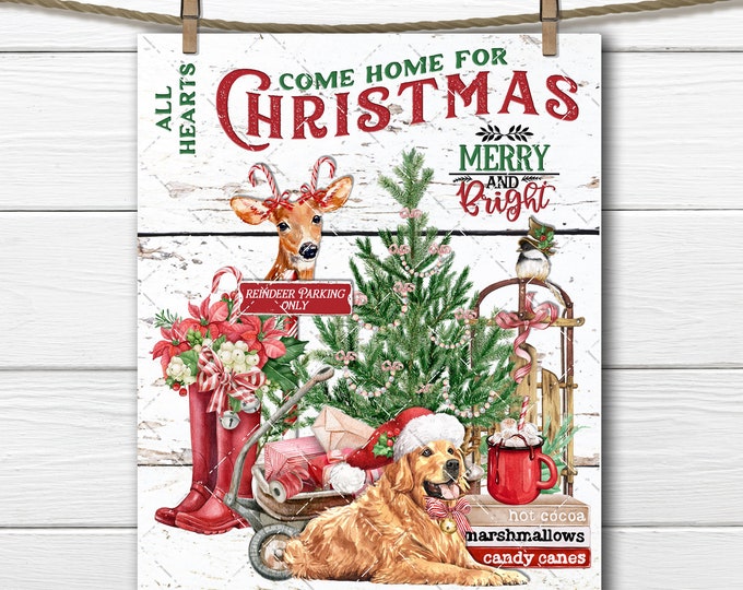 Farmhouse Christmas Wagon Golden Retriever Reindeer Tree DIY Sign Making Fabric Transfer Home Decor Wreath Accent All Hearts Digital Print