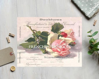 May include: A vintage advertisement for Frenchpaper Moon, a manufacturer of linings and fabrics. The ad features a bouquet of pink and white roses with green leaves and the text "Doublures Manufacture de Velours de Travail Marque déposée "Le FRENCHPAPER MOON SPECIALITÉ NOIRS GRAND TEINT Représentés par VILLEFRANCHE-SUR-SAÔNE (RHÔNE) RC HPS ANTIQUITÉS CURIOSITÉS ANTIQUITÉS CURIOSITÉS".