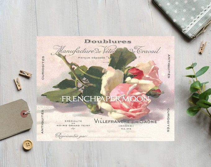 Shabby Digital Roses, Vintage French Rose Printable, Cottage Roses, Pillow Image, Decoupage, Iron on Fabric, Digital Image