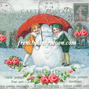 Vintage Schneemann Digitale Winter Postkarte, Shabby Schneemann Printable, Französischer Schneemann, Weihnachtskissen, DIY Weihnachtshandwerk, Großes Bild