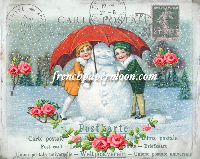 Vintage Snowman Digital Winter Postcard, Shabby Snowman Printable, French Snowman, Christmas Pillow, DIY  Christmas Crafts, Large Image