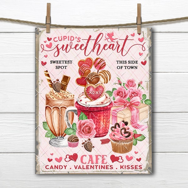 Sweetheart Cafe, DIY Valentine Sign, Cupids Cafe, Valentine Sweets, Fabric Transfer, Tiered Tray Decor, Digital Print, Wreath Accent, PNG