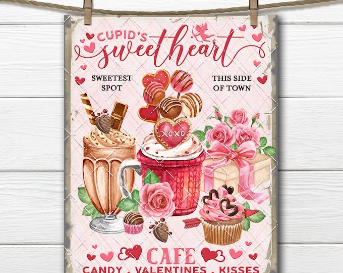 Sweetheart Cafe, DIY Valentine Sign, Cupids Cafe, Valentine Sweets, Fabric Transfer, Tiered Tray Decor, Digital Print, Wreath Accent, PNG