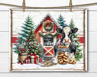 May include: A red barn with a white door and a sign that says "Cookies at the Barn". A black and white cow is standing in front of the barn holding a jar of cookies. There are Christmas trees and red and white decorations around the barn.