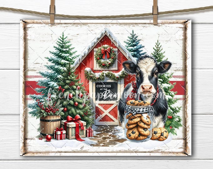 Farmhouse Christmas Cookies Cow, Cookies at the Barn, Sublimation, PNG, Digital, Fabric Transfer, Tiered Tray Decor, Cutting Board, DIY Sign