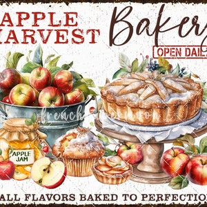 May include: A vintage-style sign advertising an apple bakery. The sign features a red and white background with the words "Apple Harvest Bakery" in red lettering. The sign also features a picture of a pie, apples, and a jar of apple jam. The text "Open Daily" is in a red rectangle at the top of the sign. The text "Fall Flavors Baked to Perfection" is at the bottom of the sign.