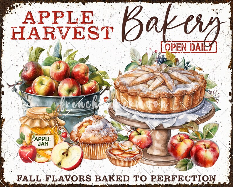 May include: A vintage-style sign advertising an apple bakery. The sign features a red and white background with the words "Apple Harvest Bakery" in red lettering. The sign also features a picture of a pie, apples, and a jar of apple jam. The text "Open Daily" is in a red rectangle at the top of the sign. The text "Fall Flavors Baked to Perfection" is at the bottom of the sign.