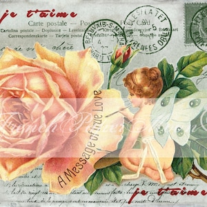 Shabby Vintage Valentine, Fee, französische digitale Postkarte, altmodische Rosen, sofortiger Download Valentine Grafik Transferbild