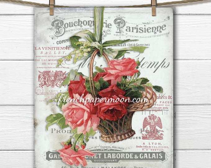 Digital Rose basket, Shabby French Roses, Fabric Transfer, Scrapbooking Background, French Graphics, Large Image Printable Graphic