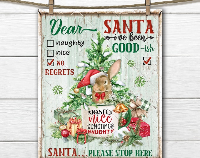 Festive Christmas Mug with Santa Bunny, Dear Santa DIY Sign Making, Christmas Farmhouse Digital Print, Tiered Tray Wall Decor Wreath Accent