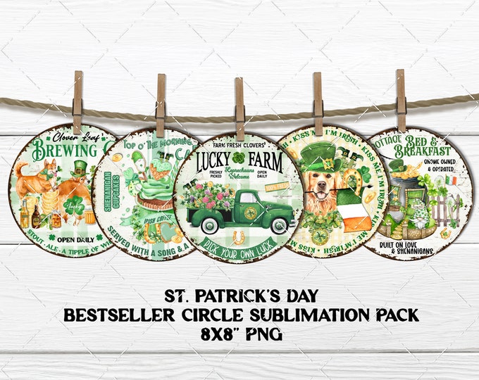 Irish Farmhouse St. Patrick's Day Circle Sublimation Round Door Hanger DIY Sign Making Wreath Accent Variety Bestseller Pack 8x8 PNG Digital