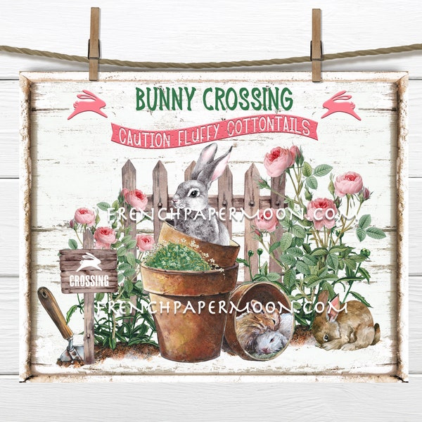Bunny Crossing, Digital, Bunny Garden, Spring Garden, Roses, Picket Fence, DIY Easter Sign, Wreath Attachment, Easter Pillow Image, Wood,PNG