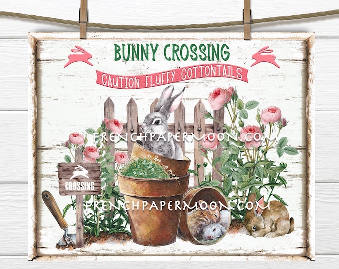 Bunny Crossing, Digital, Bunny Garden, Spring Garden, Roses, Picket Fence, DIY Easter Sign, Wreath Attachment, Easter Pillow Image, Wood,PNG