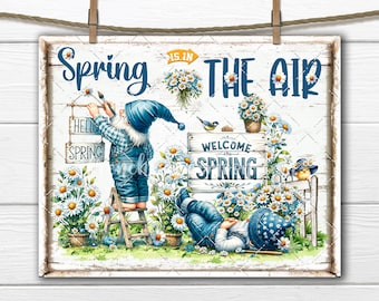 Welcome Spring Denim Gnome Sublimation DIY Sign Tiered Tray Decor DTF Transfer Digital Download Wreath Accent Home Decor Print Gift Idea PNG