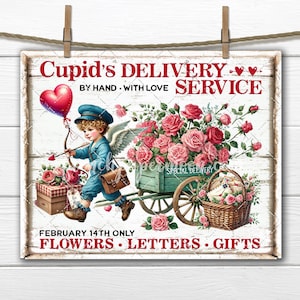 Retro-Amor, Sonderlieferung, Valentinwagen, altmodischer Amor, Liebesbriefe, Blumen Valentine Korb PNG Sublimation, Schneidebrett