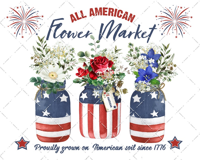 4th of July, Patriotic Farmhouse, Flowers, Mason Jar, Fireworks, Patriotic DIY Sign, Botanicals, Fabric Transfer, Home Decor, PNG, Wood image 2