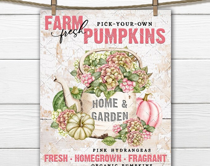 Rustic Shabby Farmhouse Blush hydrangeas, Pumpkins,  Fall Flowers, DIY Farmhouse Sign, Wreath Accent Home Decor Print, Fabric Transfer