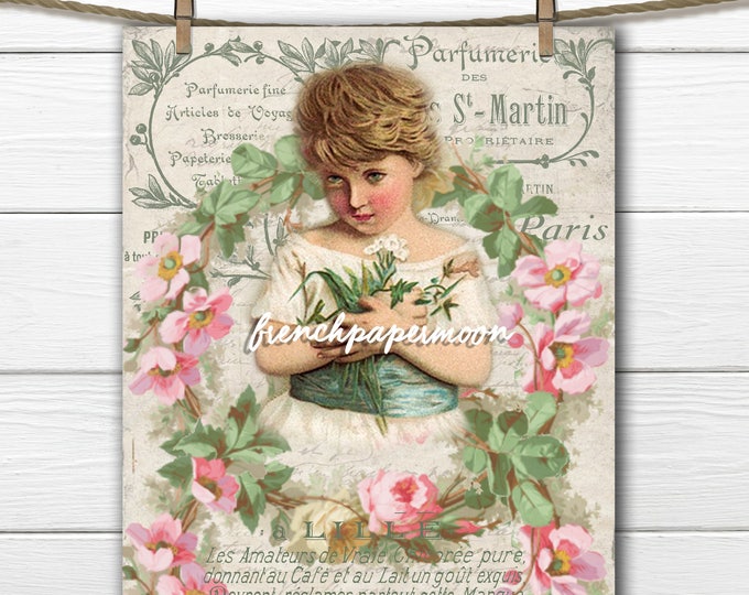 Shabby Victorian Girl printable with flowers, Floral wreath, Vintage Girl, Spring, Springtime Printable, Instant download French