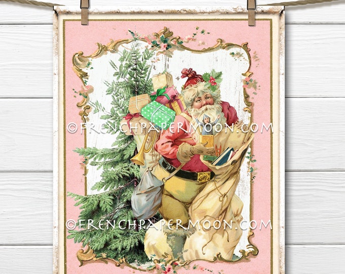 Shabby Pink Santa Digital, Victorian Santa, Wall Decor, Christmas Card Toppers, Vintage Holiday Print, DIY Christmas Sign, Pillow Image