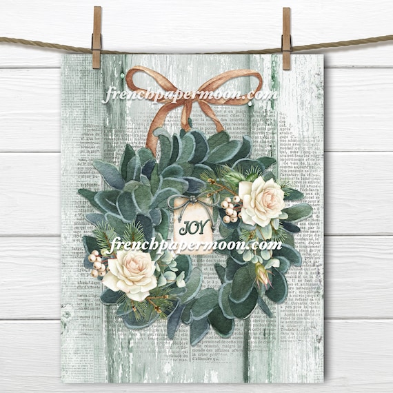 Shabby Christmas, Watercolor Lambs Ear, Rose Wreath, Old-fashioned Xmas Print, DIY Xmas  Crafts, Large Image, Fabric Transfer, Transparent