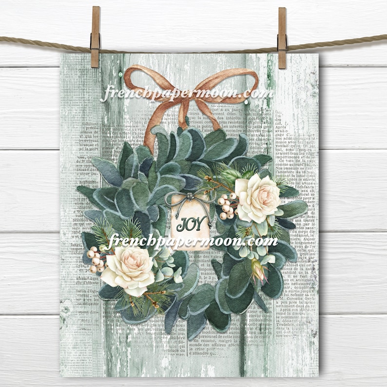 Shabby Christmas, akvarell lammöra, rosenkrans, gammaldags jultryck, DIY-julpynt, stor bild, tygöverföring, transparent bild 1