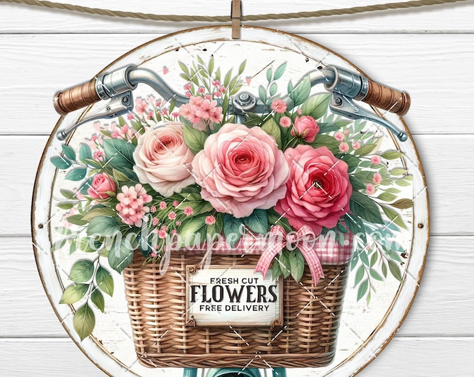 Pink Rose Flower Basket Bicycle PNG Sublimation Design - Fresh Cut Floral Wreath Accent, Door Hanger Craft Supply, DIY Flower Delivery Sign
