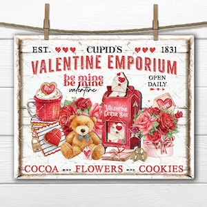 Cupido's Valentine Market Carta de amor Buzón Galletas Cacao DIY Letreros Impresión digital Transferencia de tela Bandeja escalonada Decoración del hogar Impresión artesanal