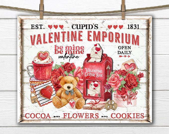 Cupid's Valentine Market Love Letter Mailbox Cookies Cocoa DIY Sign Making Digital Print Fabric Transfer Tiered Tray Home Decor Print Crafts