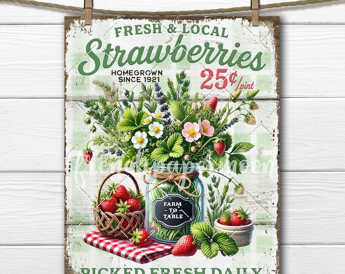Farm Fresh Strawberries Mason Jar Flowers Pick your own PNG Sublimation Signs Decoupage Fabric Transfer Heat Press Tiered Tray Decor Digital