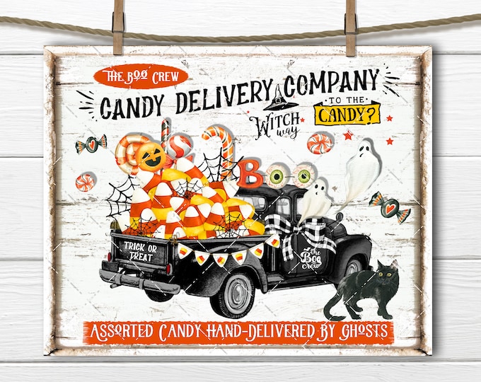 Halloween Candy Truck, Candy Corn, Halloween Sweets, Trick or Treat, Digital Print, Home Decor, Fabric Tranfer, Wreath Accent, Tiered Decor