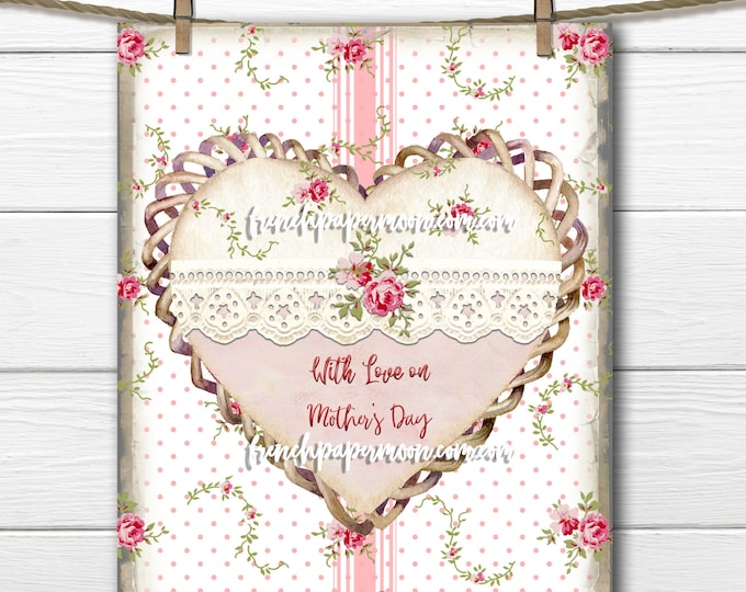 Shabby Floral Mother's Day Heart, Lace Heart Graphic, Rose Heart Printable, Pillow Image,, Pink Roses, Stripes, Heart Collage Sheet