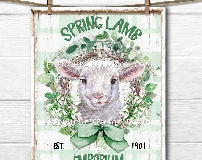 Spring Lamb, Digital, Easter Lamb, Spring Wreath, Snowdrops, Plaid, Wood, PNG, DIY Lamb Sign, Fabric Transfer, Wreath Attachment, Farmhouse