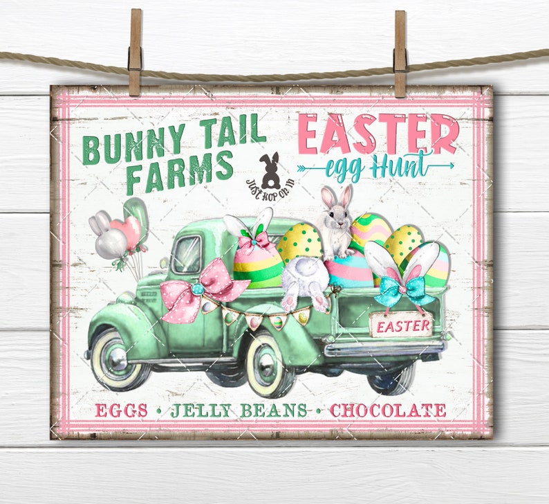 Easter Bunny Egg Hunt Spring Truck Bunny Tail DIY Sign Making Fabric Transfer Tiered Tray Home Decor Digital Print Party Decor Wreath Accent image 1