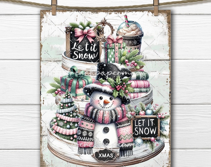 Let it Snow Tiered Tray Snowman DIY Sign Winer Sublimation Christmas Cards Crafts Decor Digital PNG Fabric Transfer Pillow Image Pastel Xmas