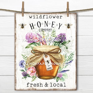 Farmhouse Honey, Honey Jar, Wildflower, Vintage Bees, Rustic Honey Sign, Digital, Pillow Image, Home Decor, DIY Honey Sign, Wood, PNG