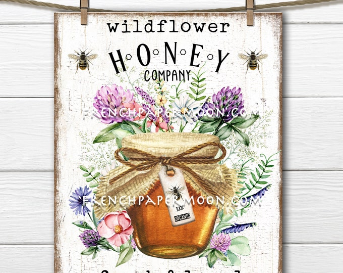 Farmhouse Honey, Honey Jar, Wildflower, Vintage Bees, Rustic Honey Sign, Digital, Pillow Image, Home Decor, DIY Honey Sign, Wood, PNG