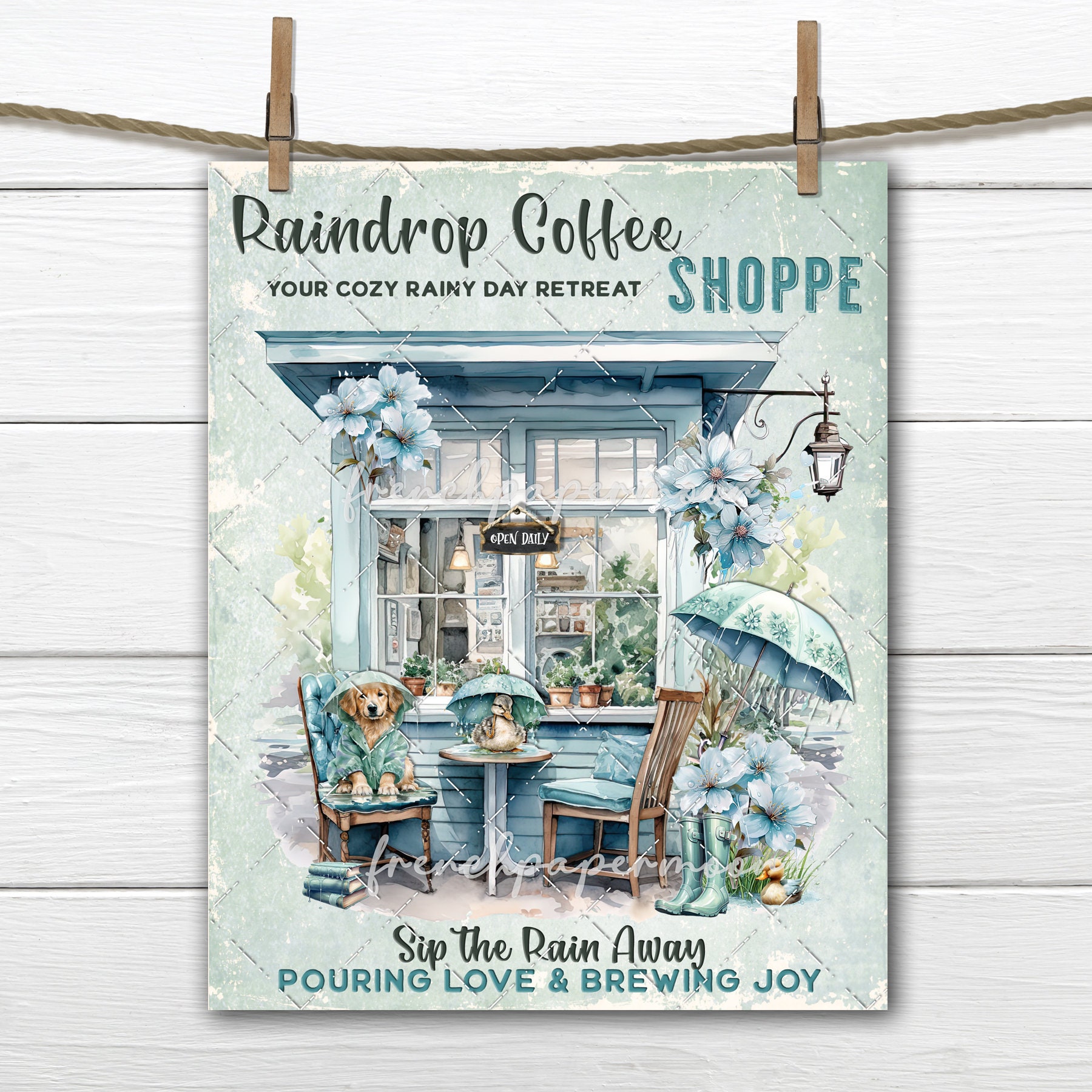 Rainy Day Cafe Coffee Shop Spring Animal DIY Sign Making DTF Transfer Digital Download Tiered Tray Home Decor Print Wreath Accent Crafts PNG