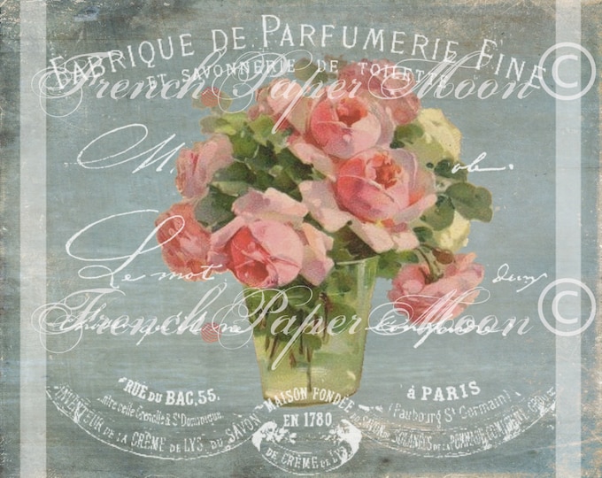 French Digital Roses, Shabby Roses, French Parfumerie Collage, French Graphic Transfer, Printable Pillow Image, Instant Download