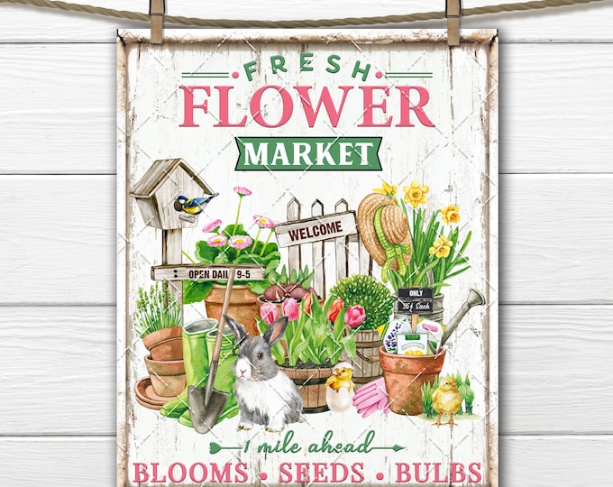 Farmhouse Spring Bunny Flower Market  Chicks Garden Plants DIY Sign Making Fabric Transfer Tiered Tray Home Decor Print Digital Download PNG