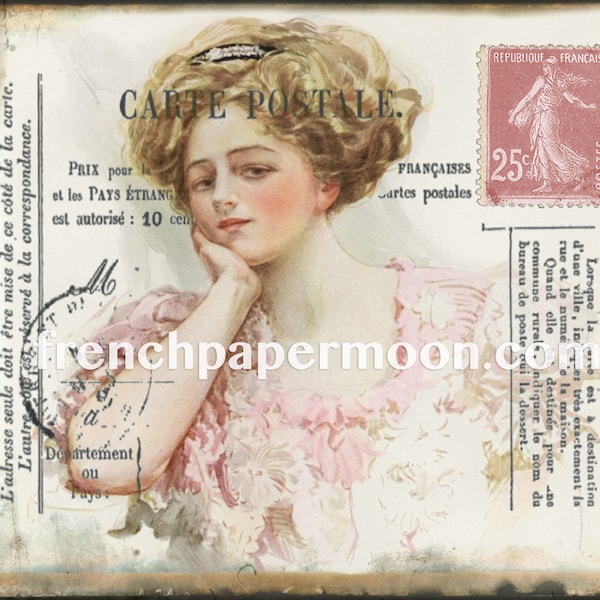 French Postcard, Vintage Lady, Henry Hutt illustration, Shabby PinkPostcard Printable, Fabric Transfer Graphic, Decoupage, Crafts