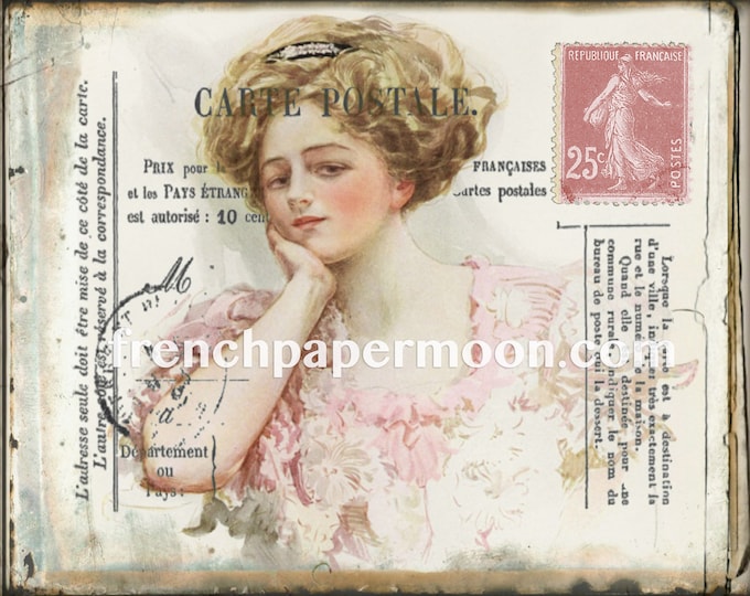 French Postcard, Vintage Lady, Henry Hutt illustration, Shabby PinkPostcard Printable, Fabric Transfer Graphic, Decoupage, Crafts