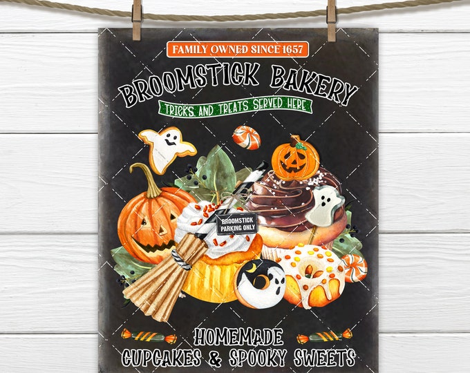 Halloween Bakery, Broomstick Bakery, Trick Treat, Halloween Cupcakes, Candy, Sweets, DIY Cute Halloween Sign, Fabric Transfer, Wreath Accent