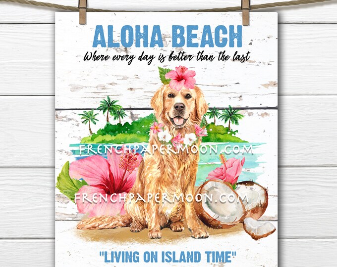 Tropical Beach, Digital, Aloha, Nautical, Hibiscus, Rustic Beach,, Summer Dog, DIY Beach Sign, Tiered Tray Decor, Pillow Image, PNG, Wood