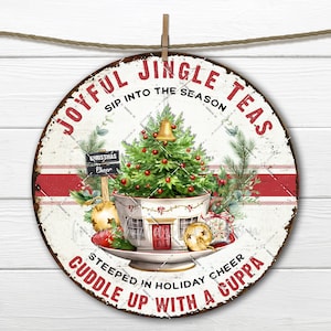 Farmhouse Christmas Teacup Circle Sublimation 8x8 inch DIY Sign Making Transfer Tiered Tray Wreath Accent Xmas Doorhanger Crafts Decor PNG