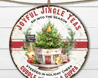 Farmhouse Christmas Teacup Circle Sublimation 8x8 inch DIY Sign Making Transfer Tiered Tray Wreath Accent Xmas Doorhanger Crafts Decor PNG