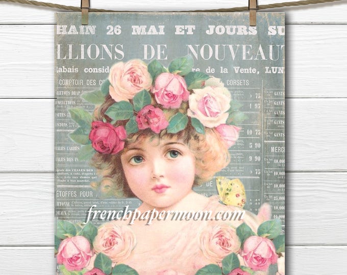 Printable Shabby French Flower Girl, French Ephemera, digital, French Newspaper, French Pillow Graphic Transfer, Large Size, Crafts