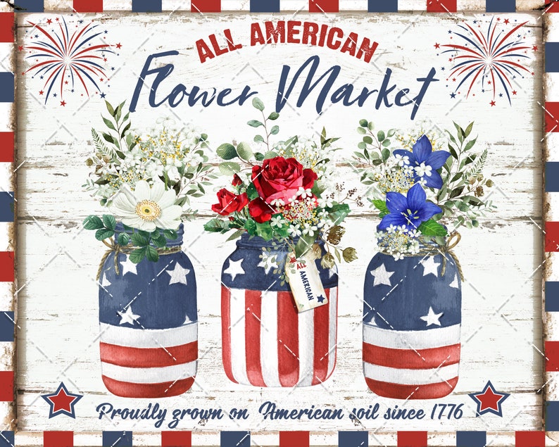 4th of July, Patriotic Farmhouse, Flowers, Mason Jar, Fireworks, Patriotic DIY Sign, Botanicals, Fabric Transfer, Home Decor, PNG, Wood image 3