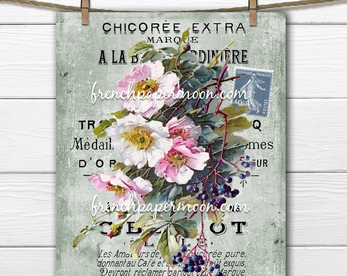 Shabby French Wild Rose Print, Wild Berry, Elderberry, French Pillow Image, Fabric Transfer, Large Size, Transparent, Decoupage, Sublimation